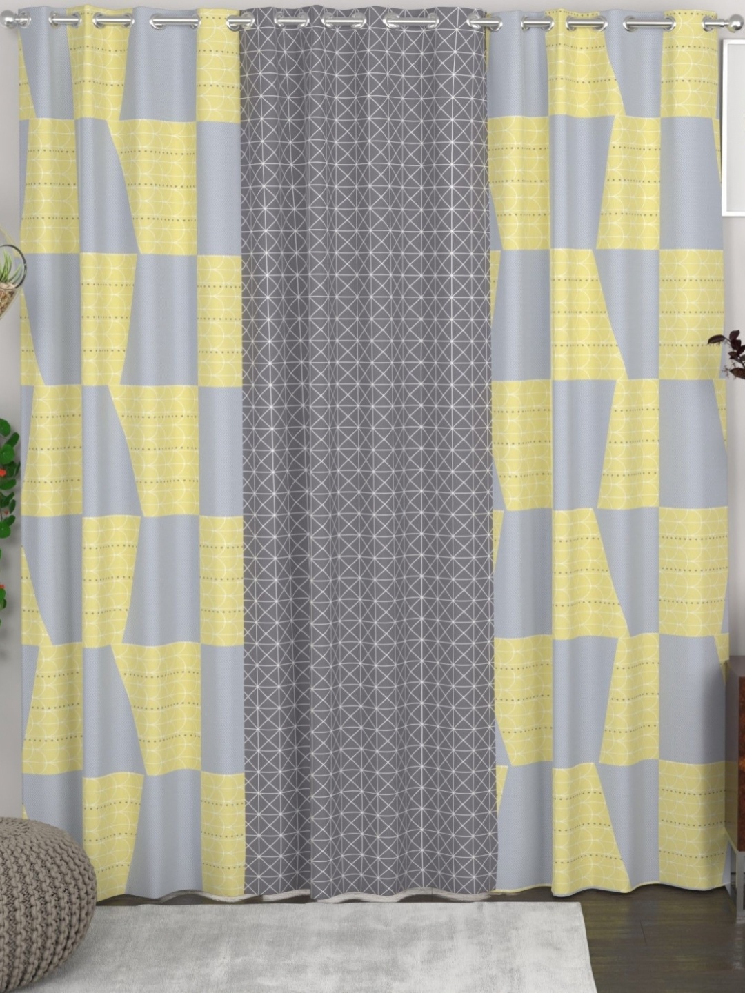 

CHHAVI INDIA Yellow & Grey Set of 3 Geometric Door Curtain
