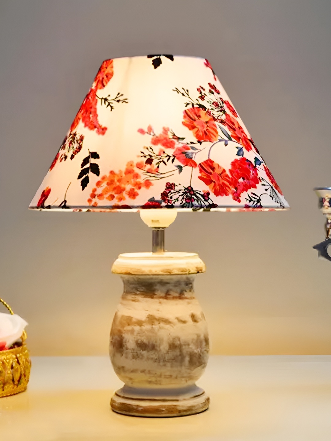 

Homesake White & Red Floral Printed Rustic Wooden Frustum Shaped Table Lamp