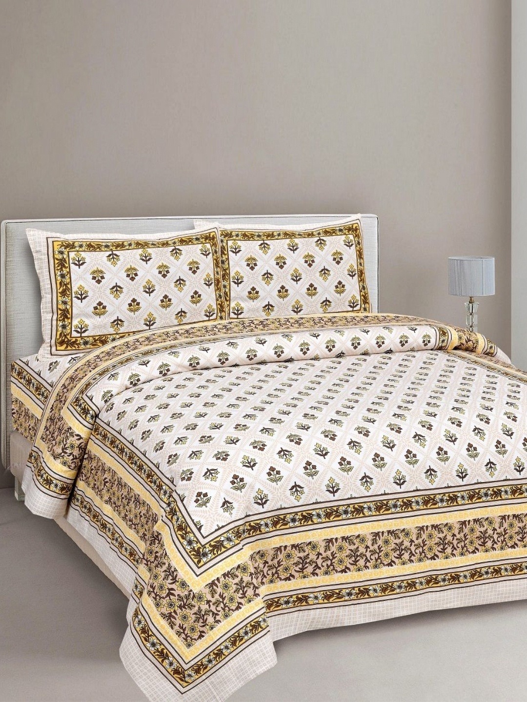 

INDHOME LIFE White & Yellow Printed 220 TC Cotton King Bedsheet Set 2.28 m x 2.74 m