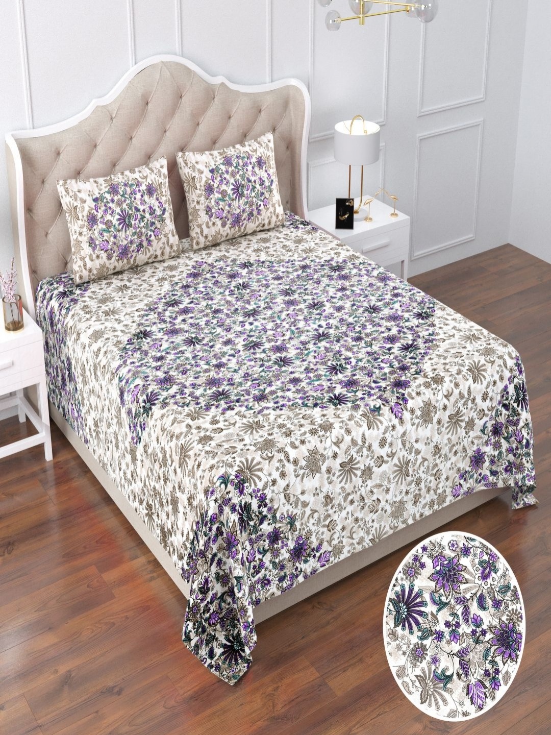 

Qfab Purple & White Floral Printed Cotton 250 TC King Bedsheet Set 2.29 cm x 2.79 cm