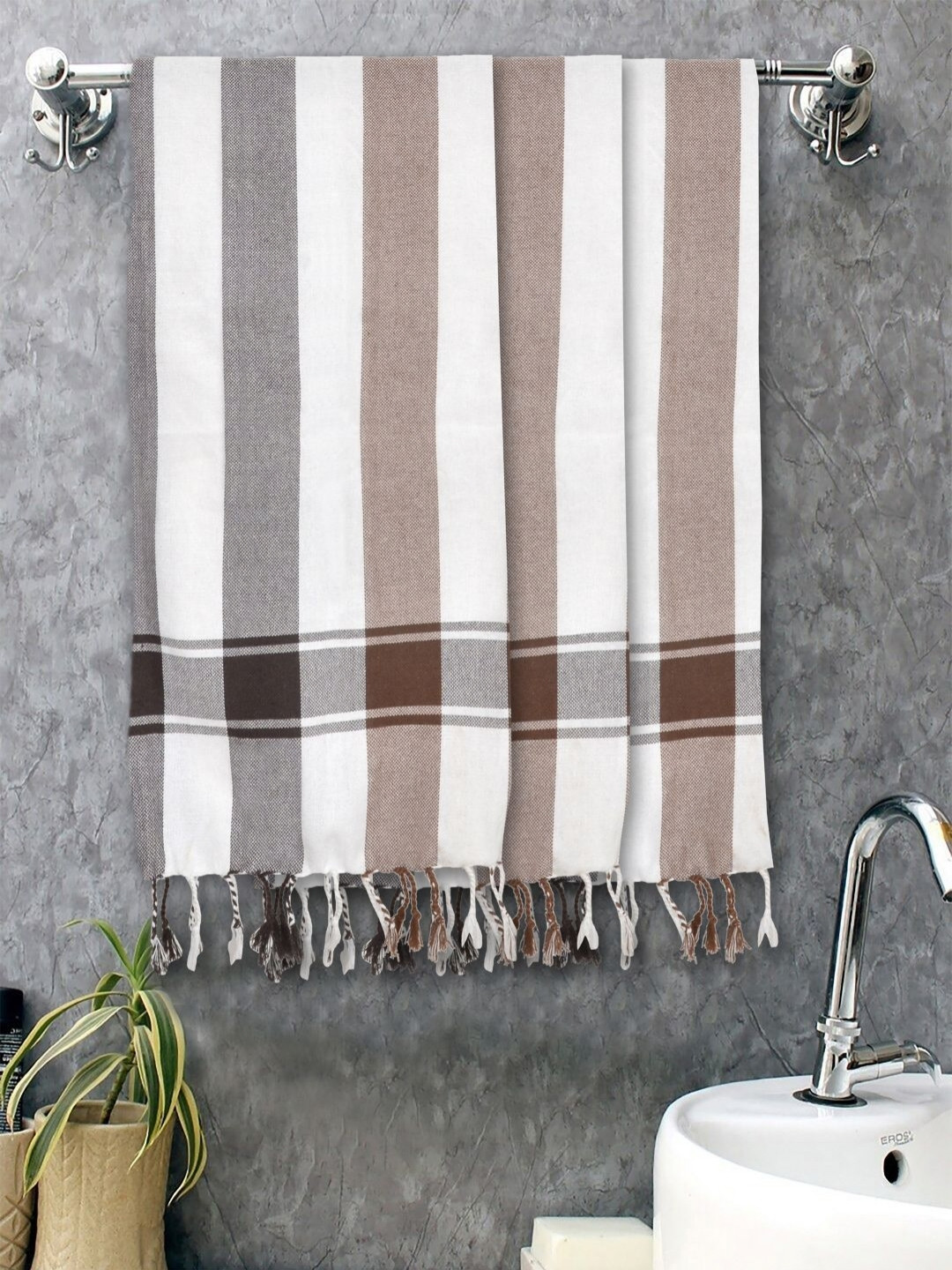 

FABINALIV Brown & White 3 Striped Cotton 225 GSM Bath Towel