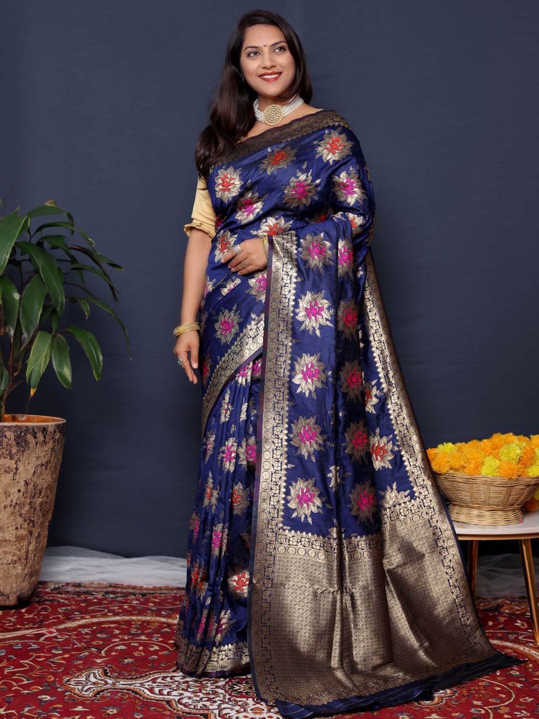 

amirat Gulmohar Ethnic Motifs Woven Design Zari Pure Silk Banarasi Saree, Navy blue