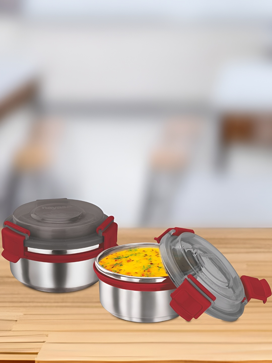 

Nayasa Set Of 2 Red Aqua Lock Round Stainless Steel Lunchbox