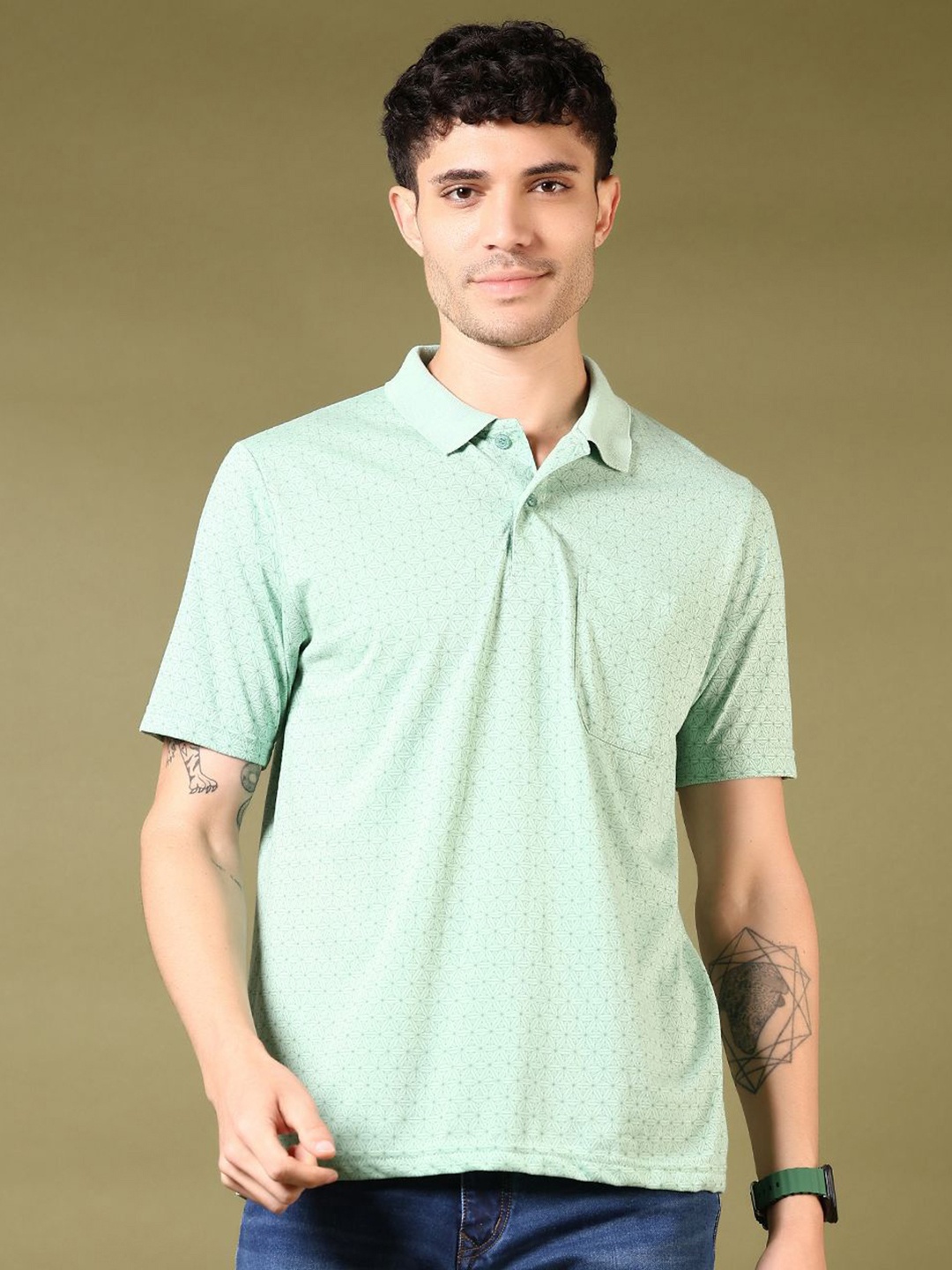 

V-Mart Men Floral Printed Polo Collar Cotton T-shirt, Green