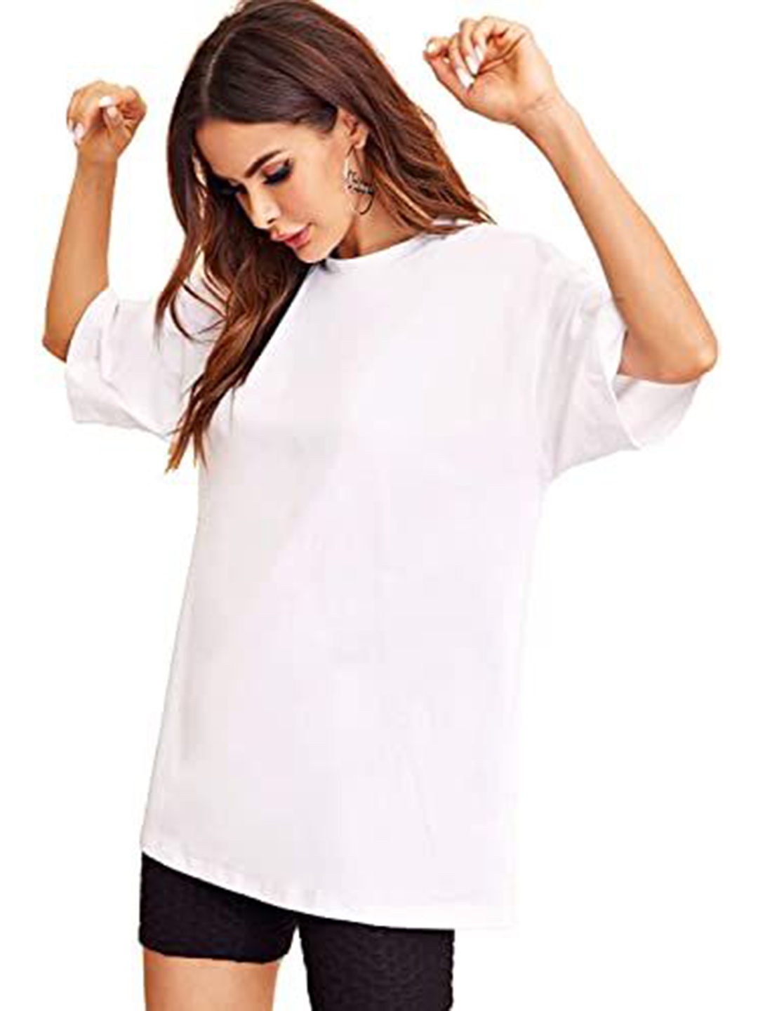 

NOTWILD Women Solid Round Neck Cotton Relaxed Fit T-shirt, White