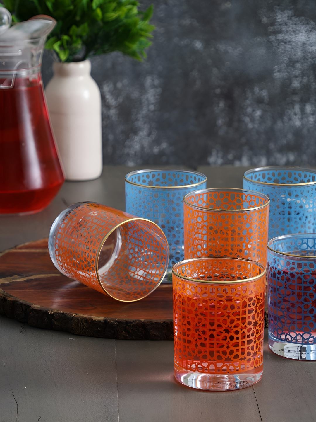 

EK DO DHAI Transparent & Blue 6 Pieces Geometric Printed Golden Line Bar Glass 300 ml Each