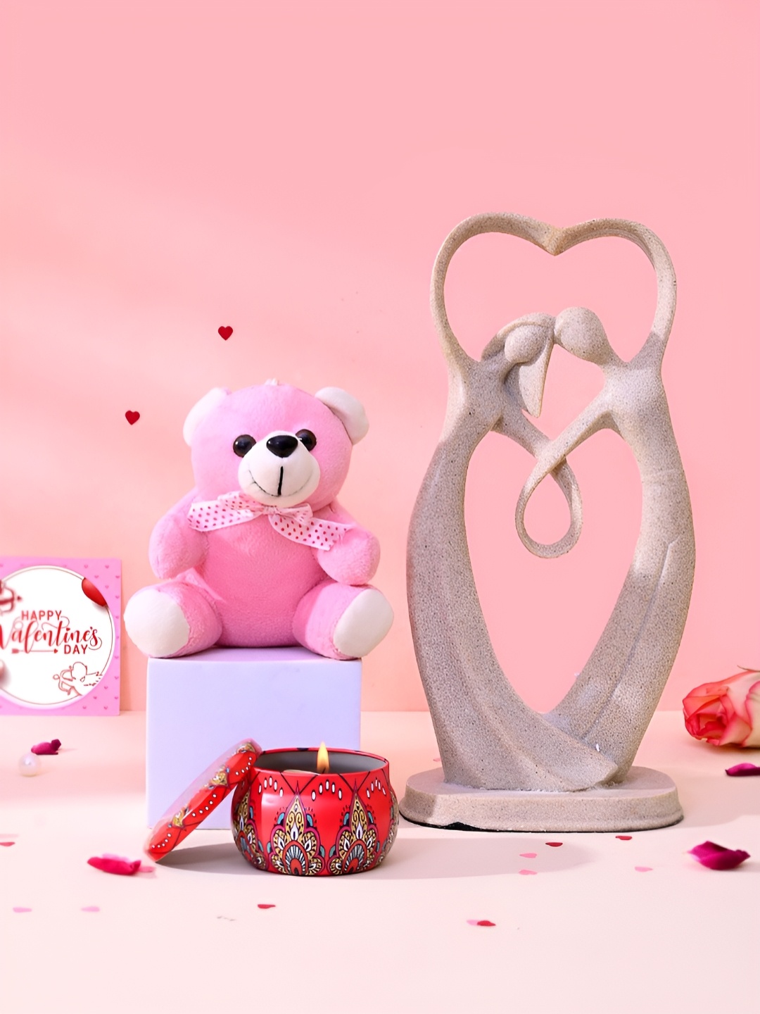

TAYHAA Pink And White 3 Pieces Courtship of Love Showpiece With Candle And Teddy Gift Set