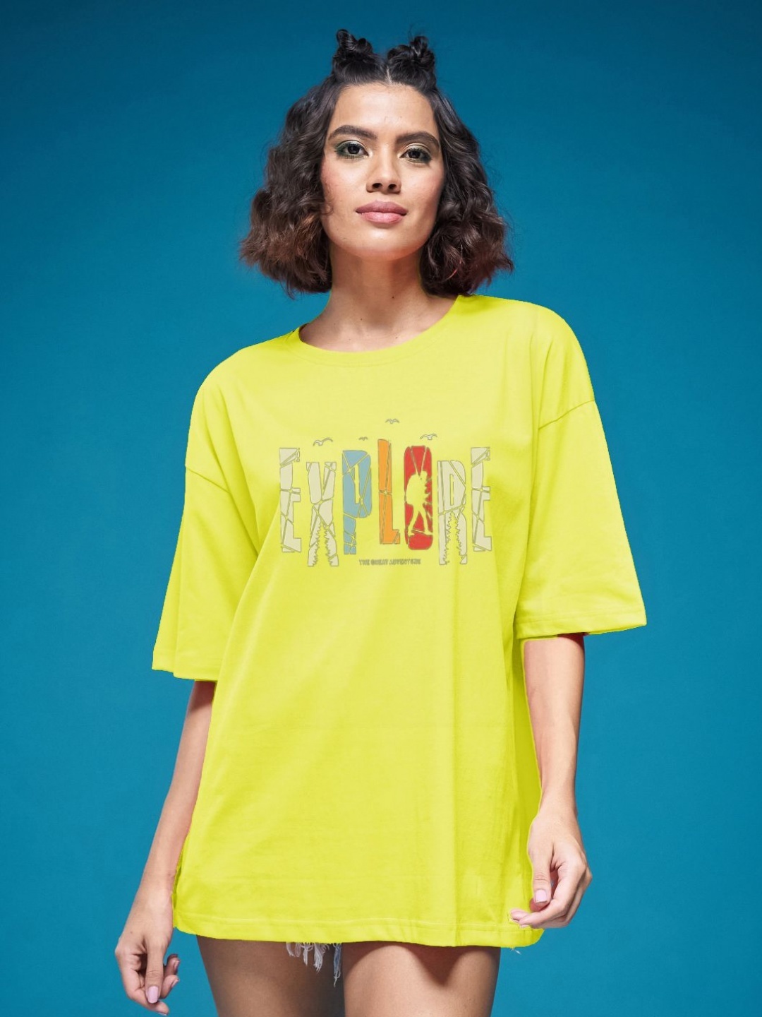 

SMARTEES Women Typography Printed Round Neck Cotton Oversized T-shirt, Yellow