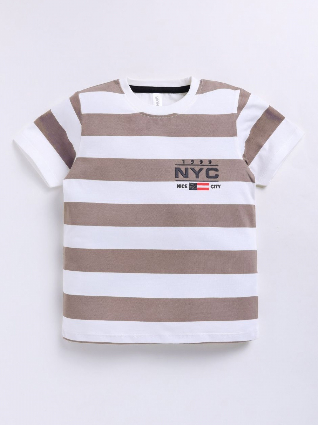 

Ginie Boys Typography & All Over Stripe Printed Breathable Tshirt, Off white