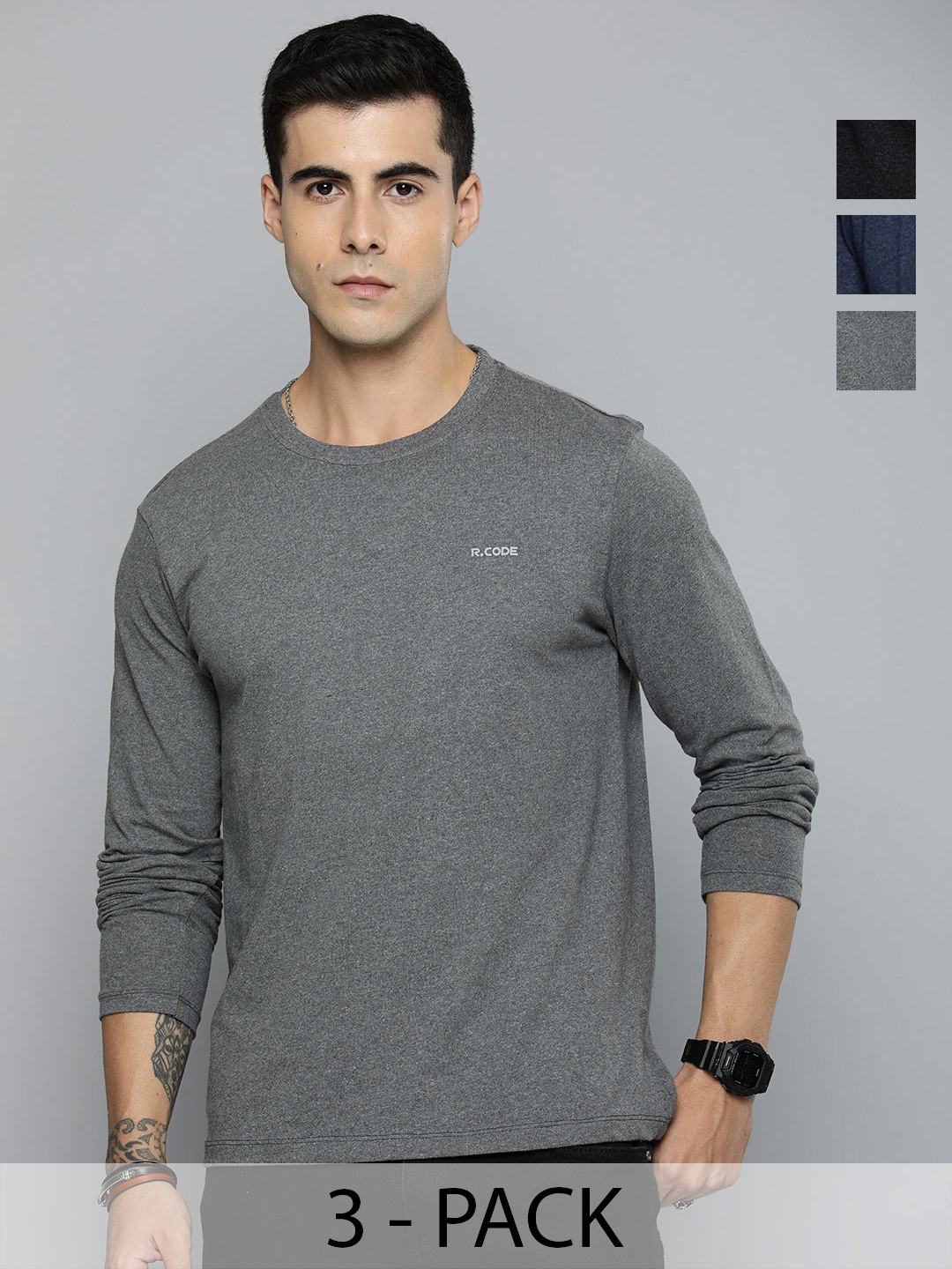 

R.Code by The Roadster Lifestyle Co. Men Regular Fit Pack Of 3 Solid Cotton T-shirts, Grey