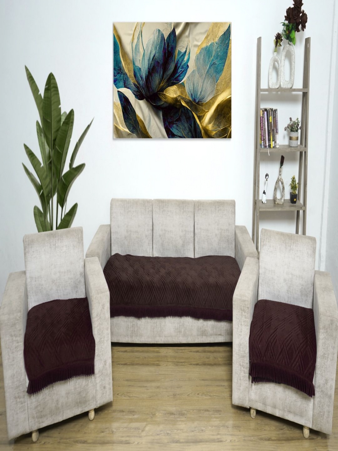 

Fashion Throw Coffee Brown 3 Pieces Velvet Sofa Cover