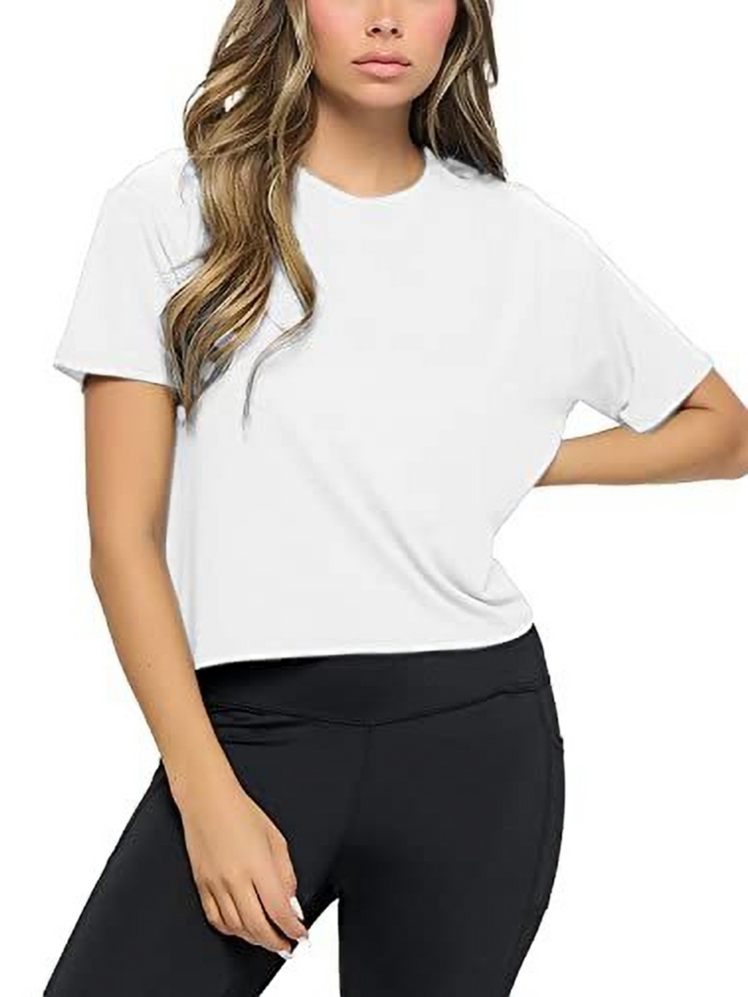 

NOTWILD Women Solid Round Neck Cotton T-shirt, White