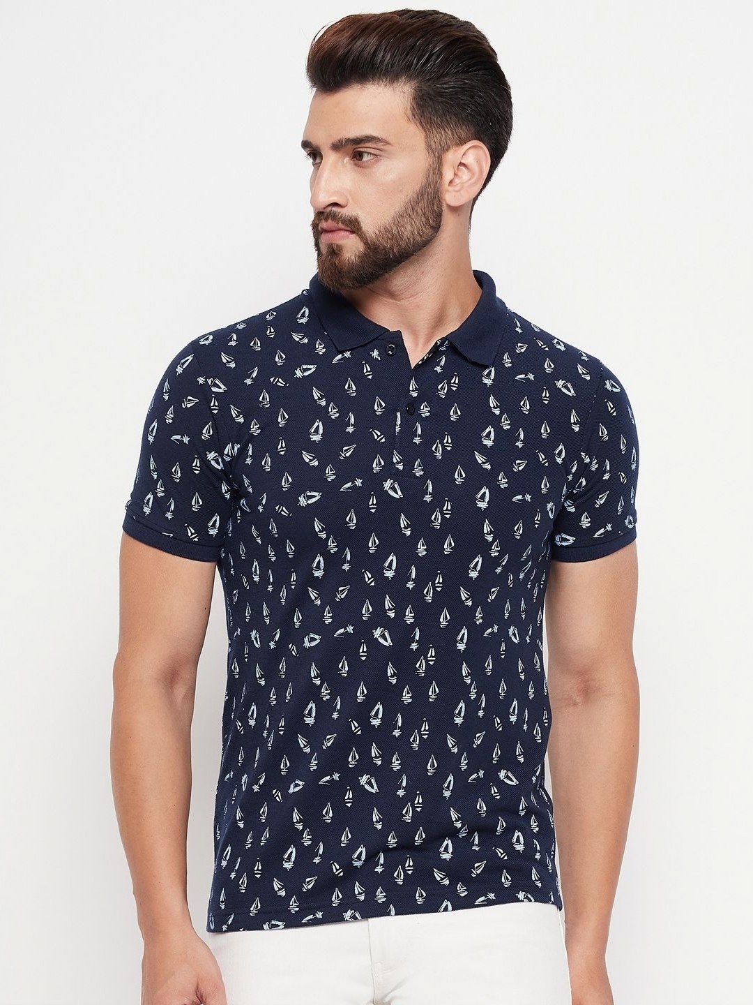 

MXN Men Conversational Printed Polo Collar Cotton T-shirt, Navy blue