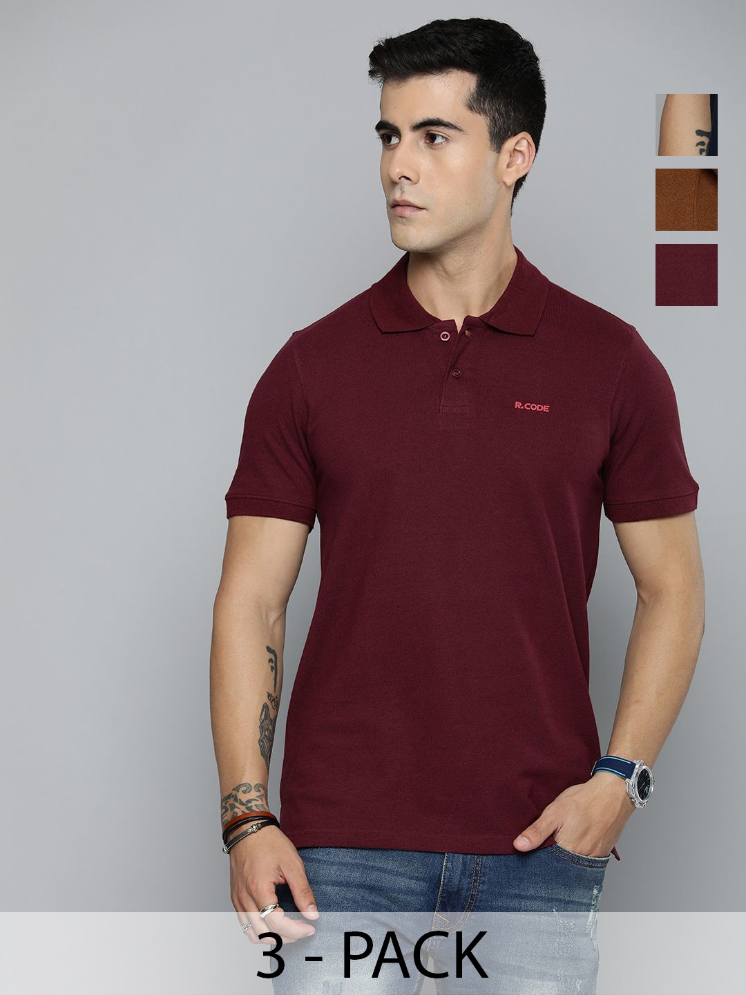 

R.Code by The Roadster Lifestyle Co. Men Regular Fit Pack Of 3 Solid Polo Cotton T-shirts, Maroon