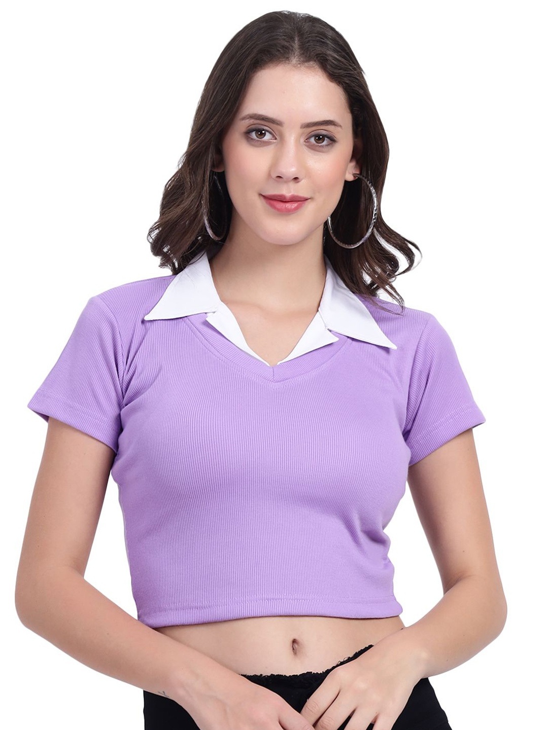 

The Roadster Lifestyle Co Rib Crop Top With Collar, Lavender