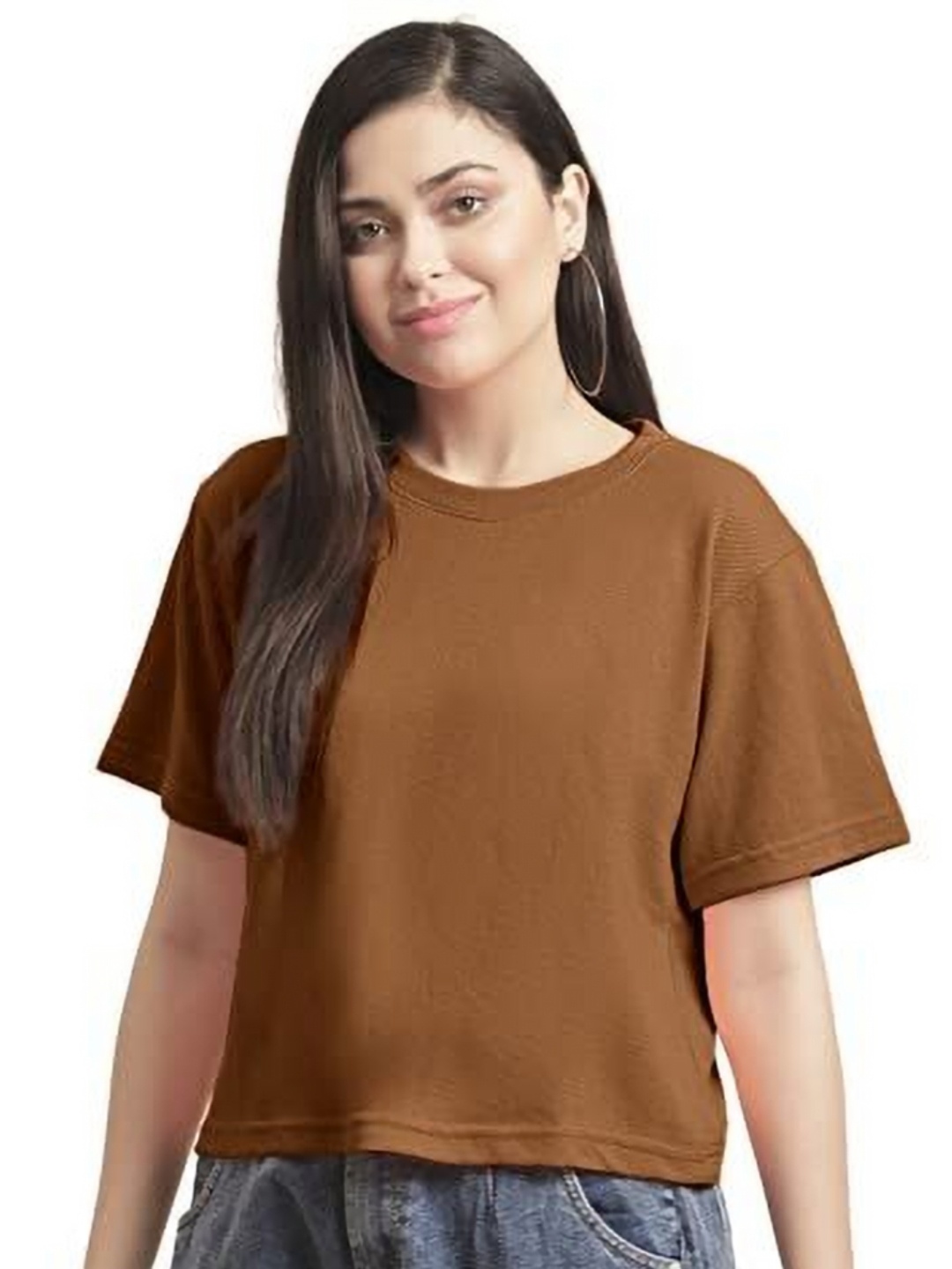 

NOTWILD Women Solid Round Neck Cotton Relaxed Fit T-shirt, Brown