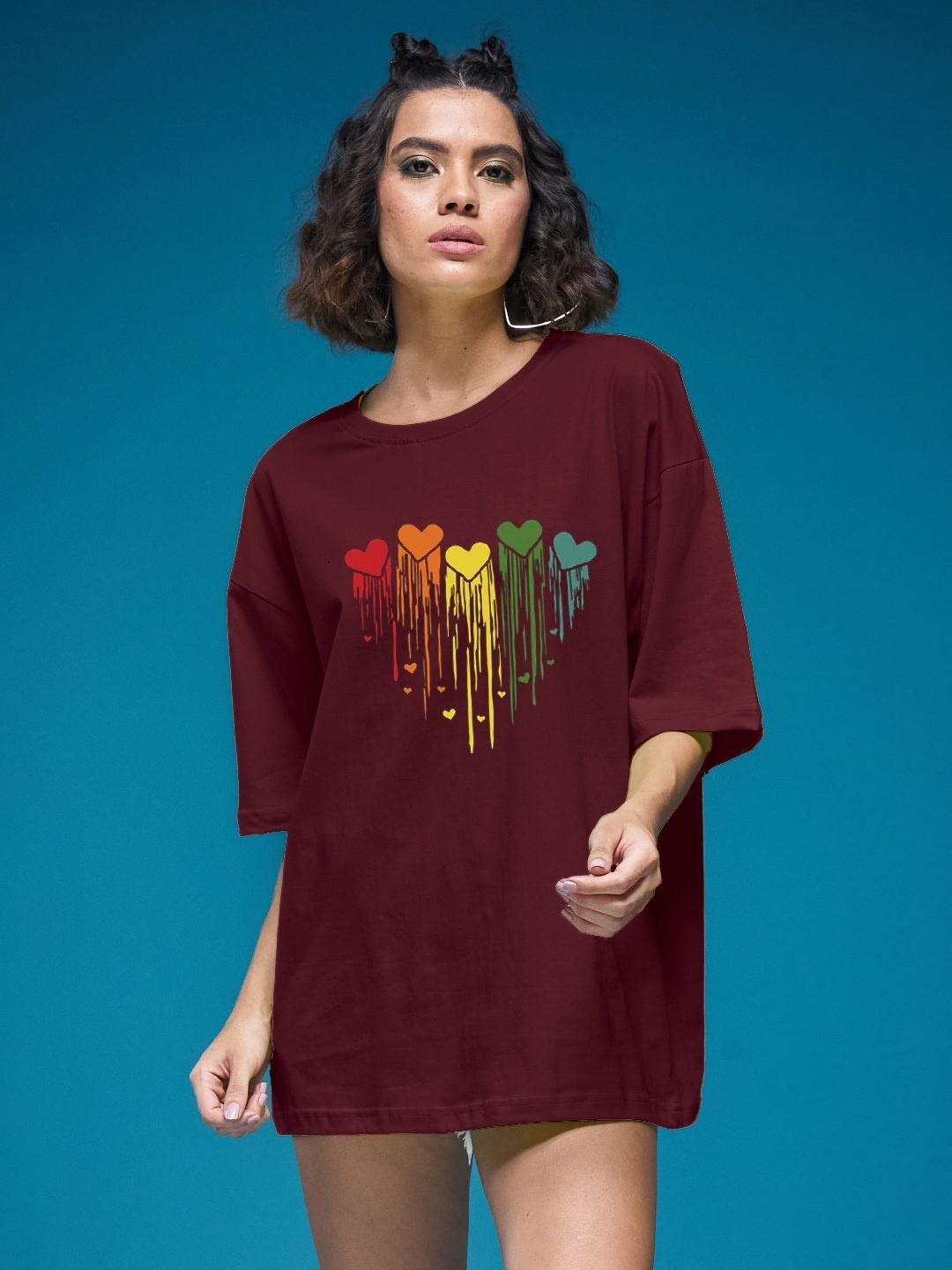 

SMARTEES Women Graphic Printed Round Neck Cotton Oversized T-shirt, Maroon