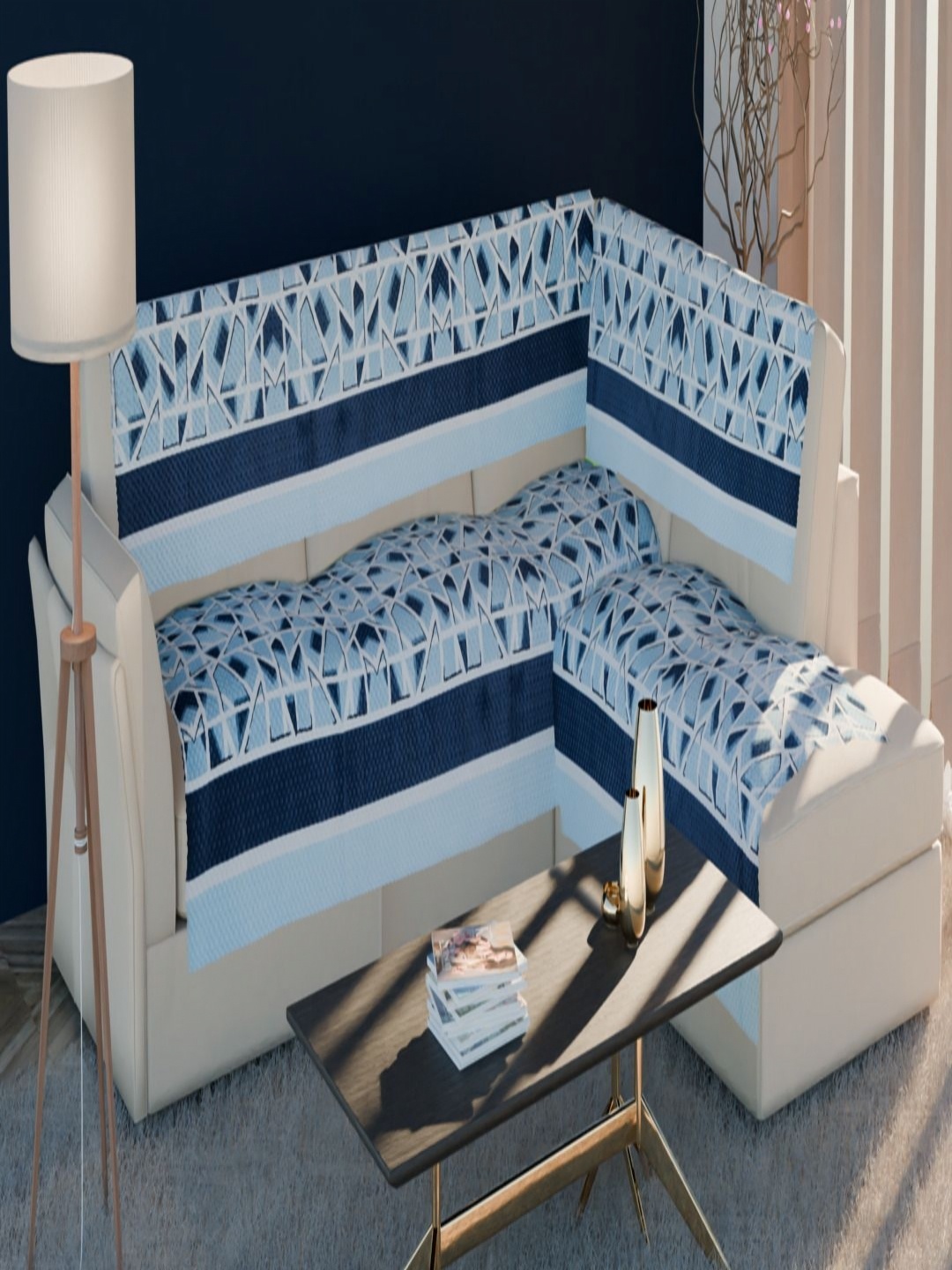 

Fashion Throw Blue & White 4 Pieces Printed Velvet Sofa Cover