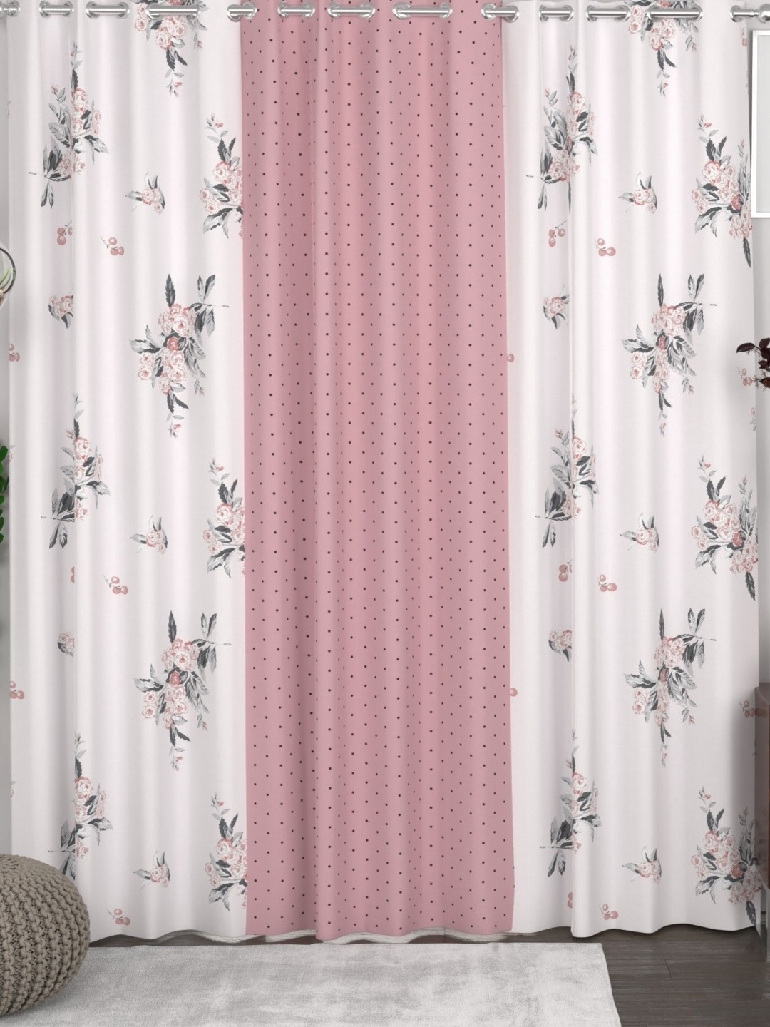 

CHHAVI INDIA White & Pink Set of 3 Floral Door Curtain