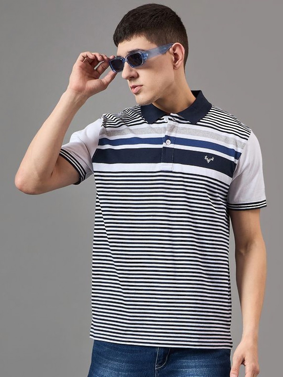 

BRONATION Men Striped Polo Collar Cotton T-shirt, White