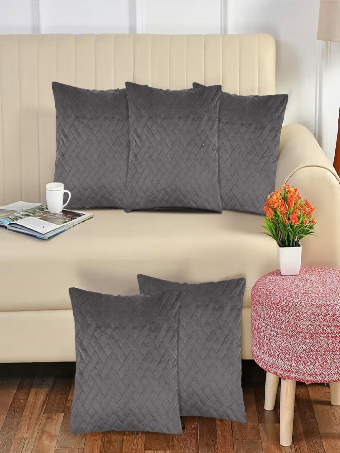 

Myntra Elegant Homes Grey 5 Pieces Geometric Printed Square Cushion Covers