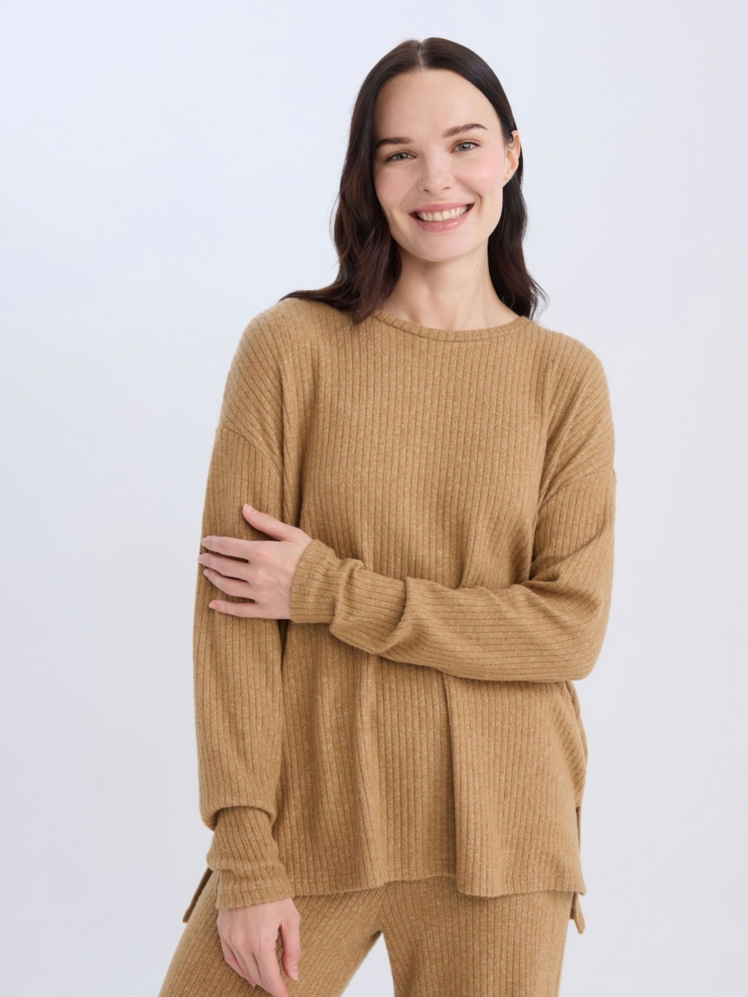 

DeFacto Women Self Design Round Neck T-shirt, Brown