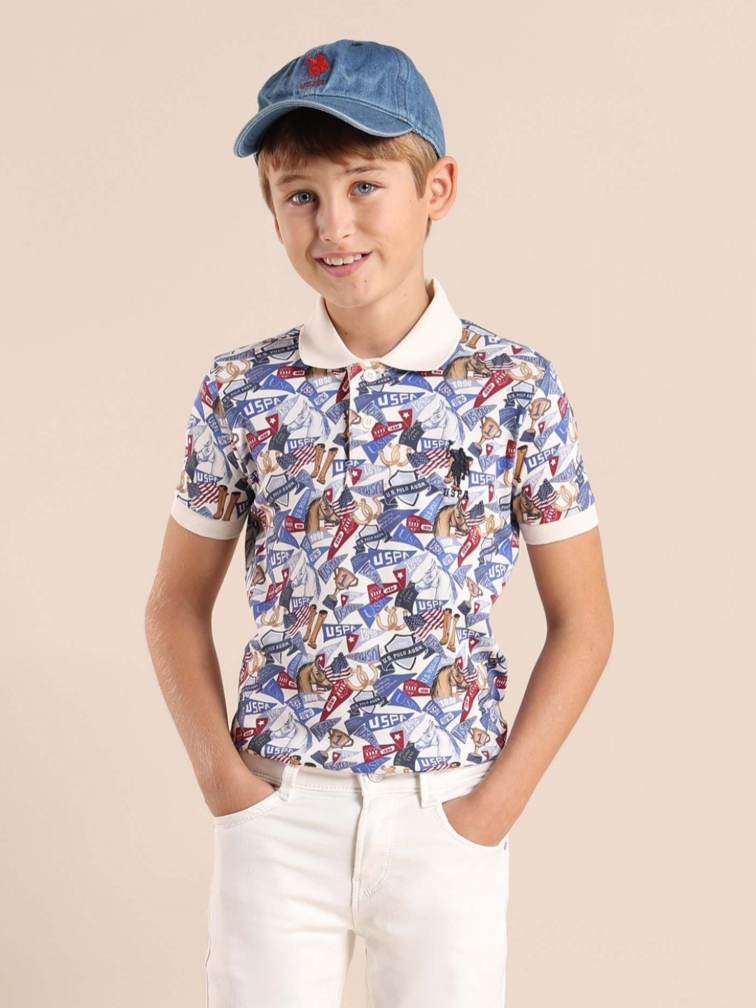 

U.S. Polo Assn. Kids Boys Brand Logo Printed Polo Collar Pockets T-shirt, White