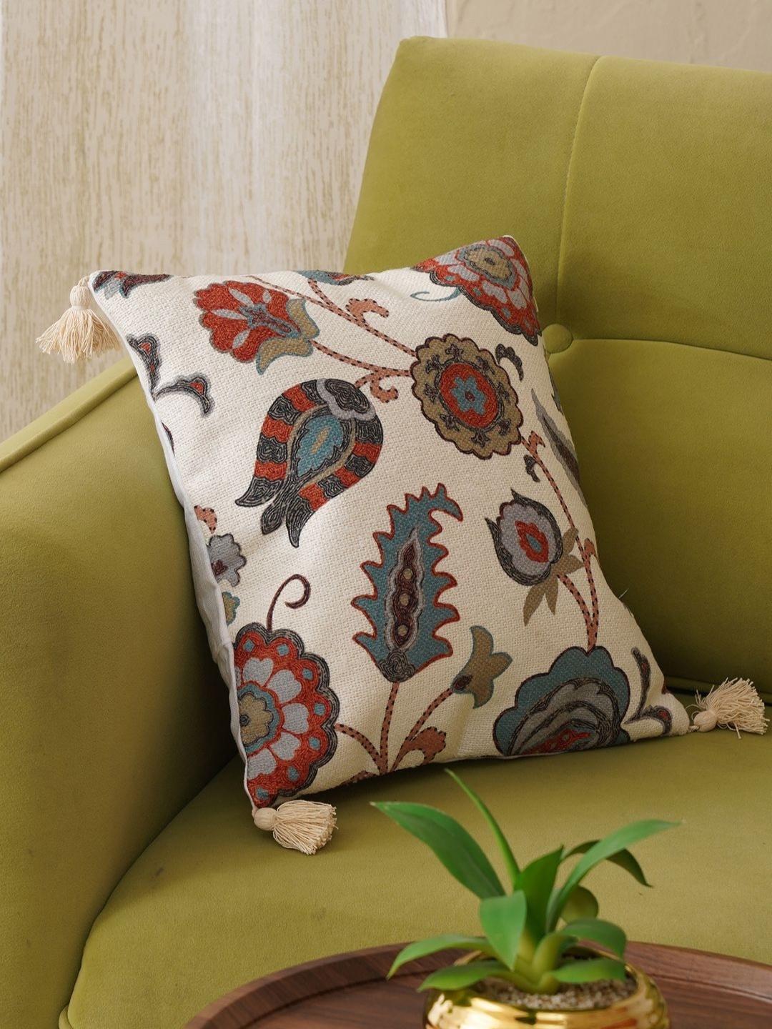 

HOME 360 White & Rust Floral Printed Square Cushion Covers