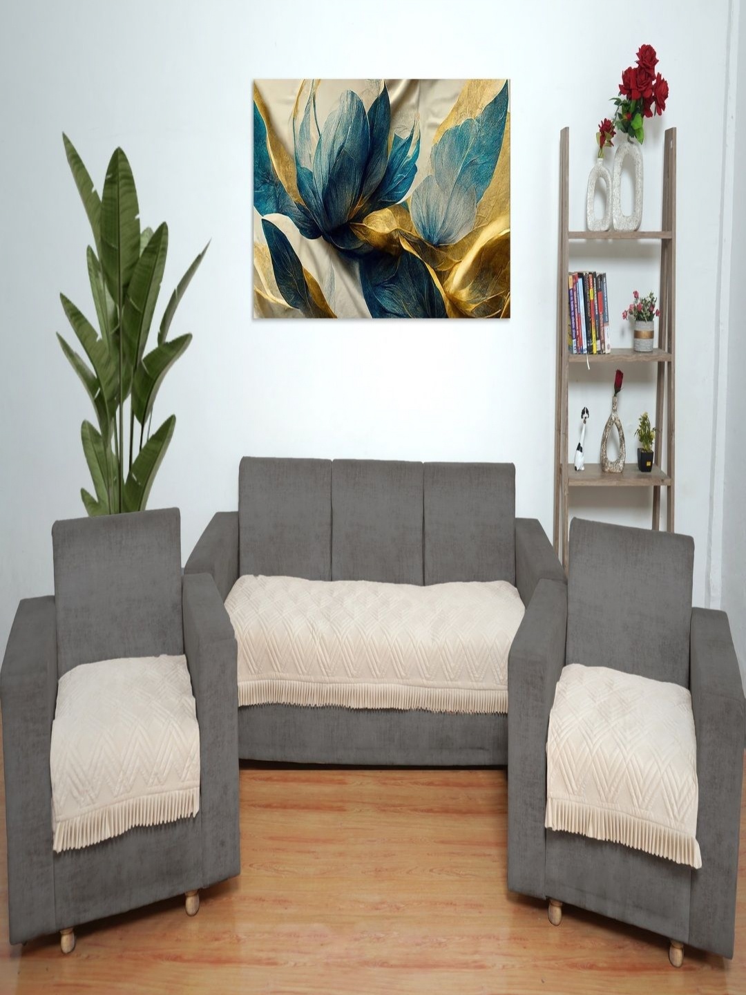 

Fashion Throw Beige Velvet 3 Piece Sofa Cover