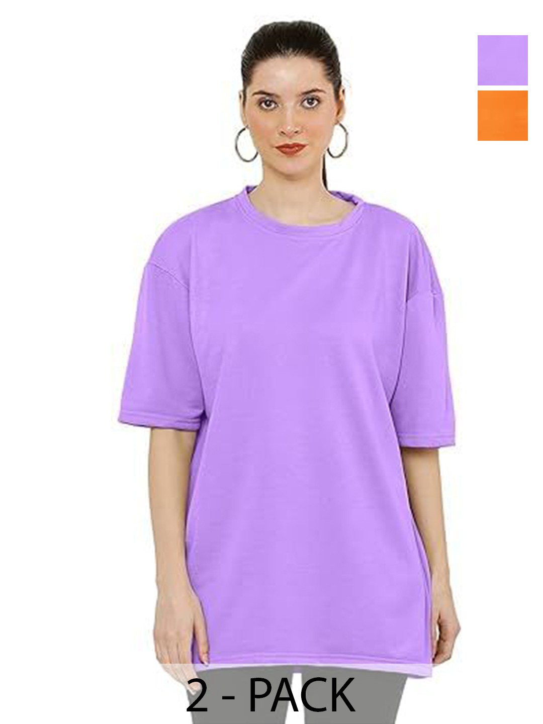 

NOTWILD Women Pack Of 2 Solid Round Neck Cotton Relaxed Fit T-shirts, Orange