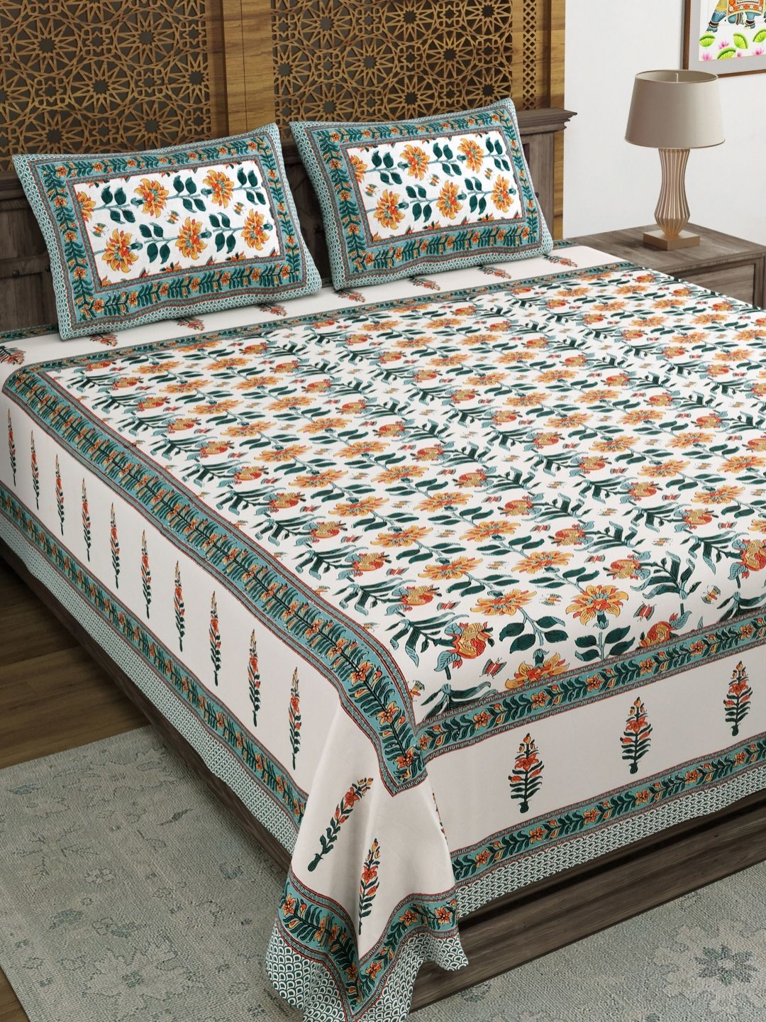 

Myntra Elegant Homes Green Floral Printed 180 TC Cotton King Bedsheet Set 2.28 m x 2.74 m, White