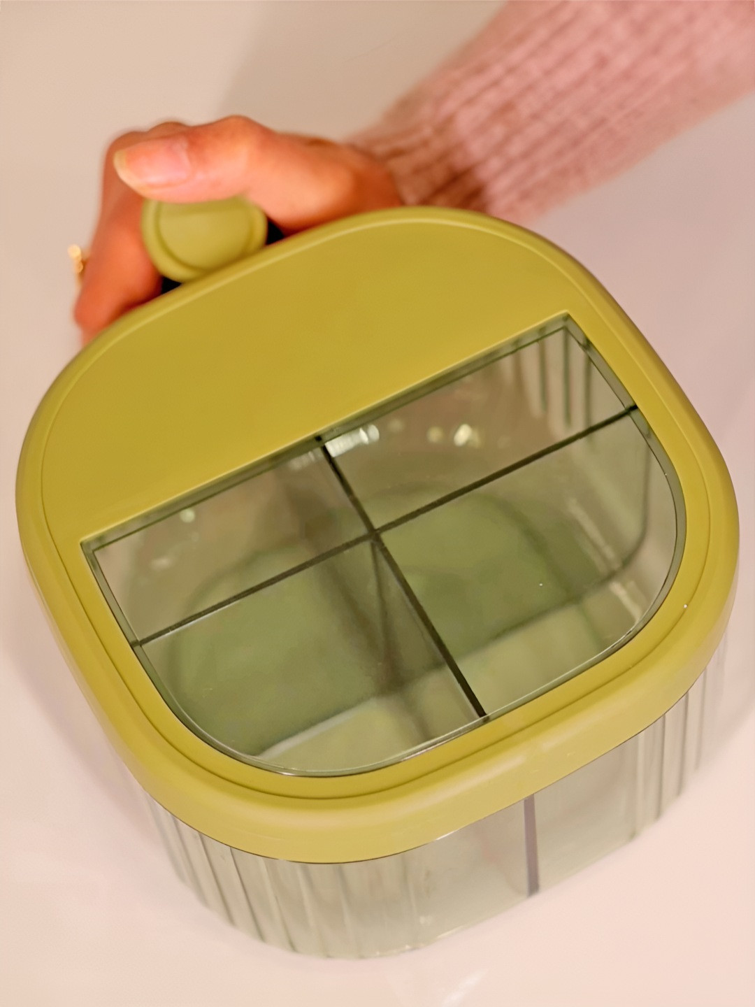 

DecorTwist Green 4 Compartment Plastic Airtight Spice Box with Lid & Spoon