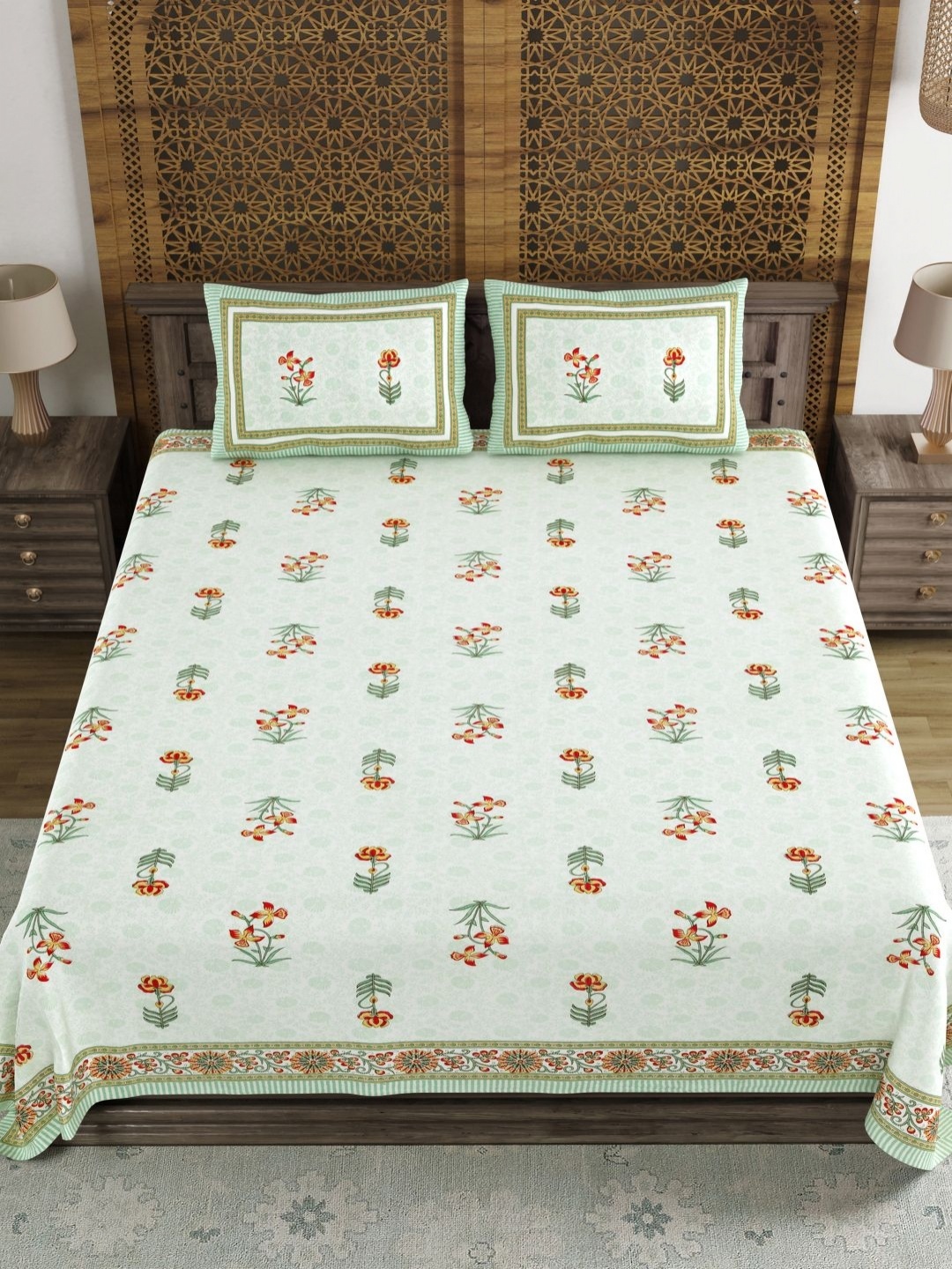 

Myntra Elegant Homes Green Floral Printed 180 TC Cotton King Bedsheet Set 2.28 m x 2.74 m