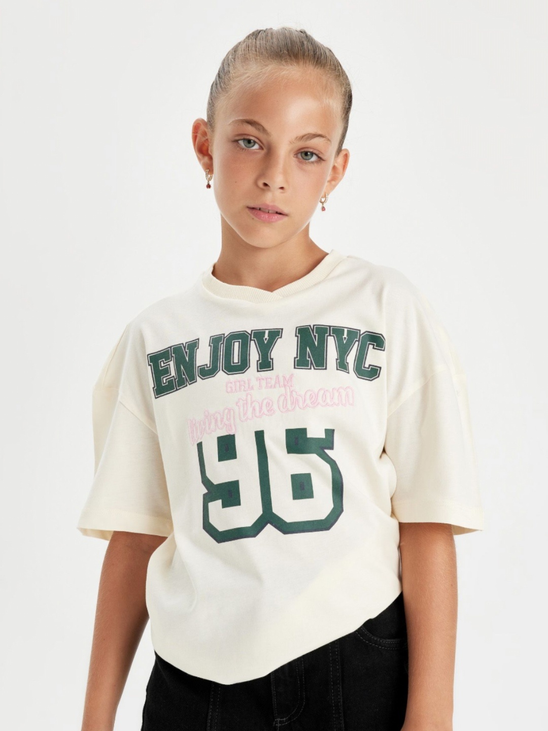 

DeFacto Girls Typography Printed Round Neck Cotton T-shirt, White