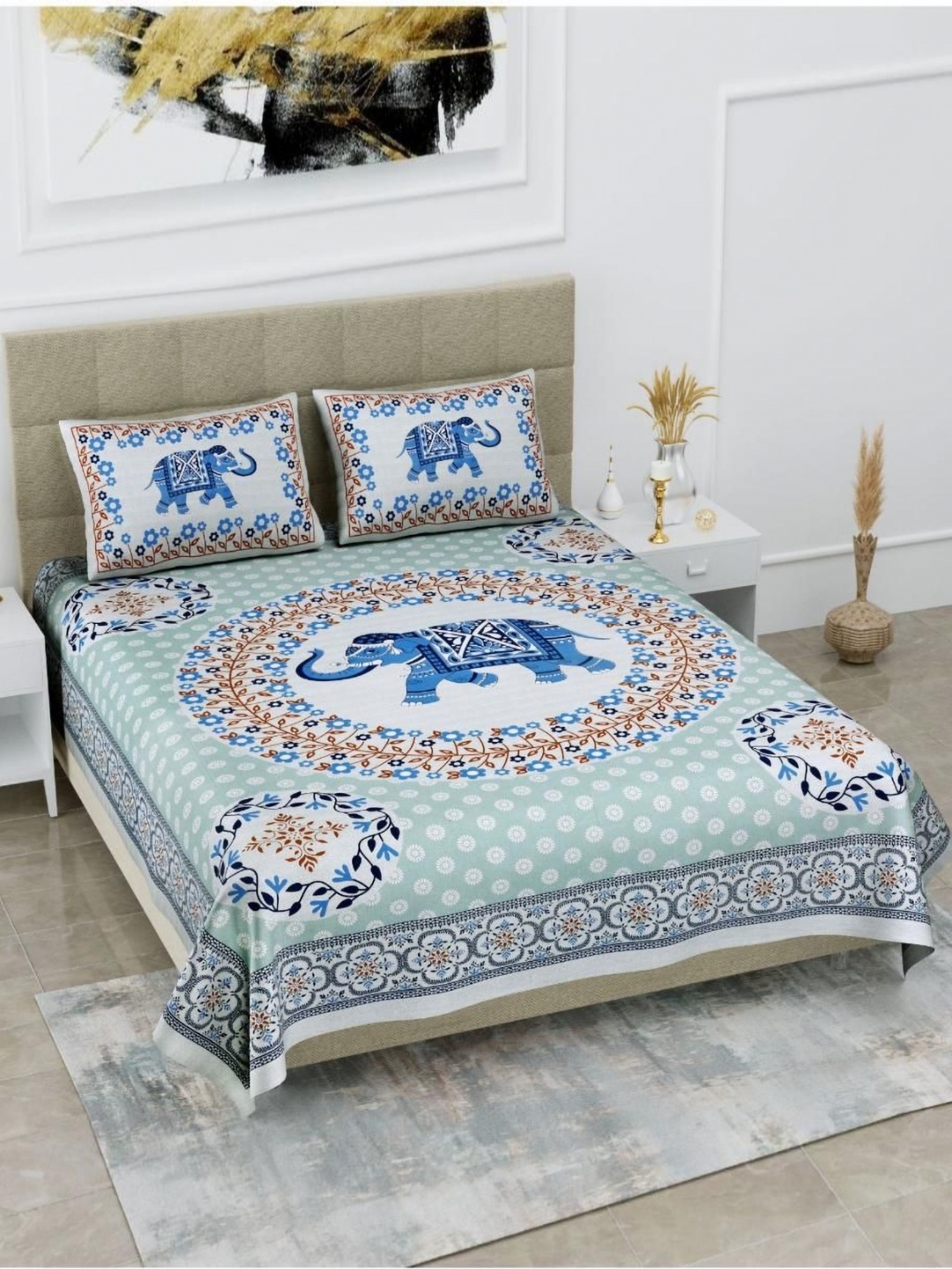 

Aura Sea Green & Blue Ethnic Motifs 144 TC Queen Bedsheet with 2 Pillow Covers