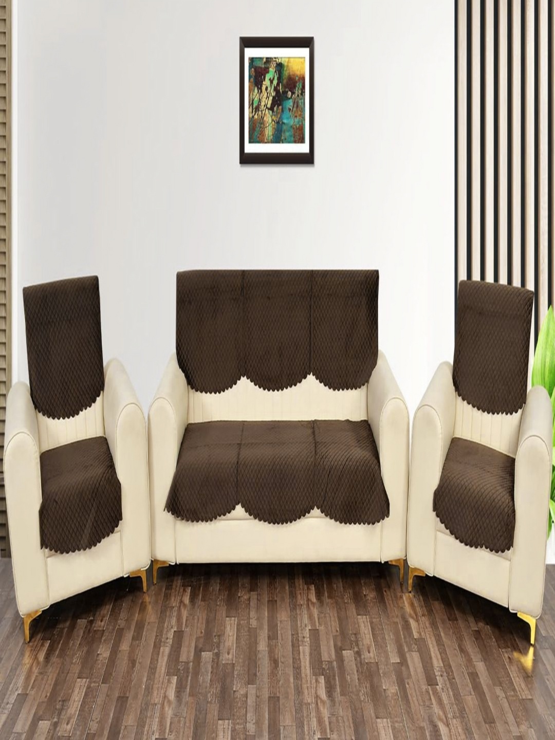 

Fashion Throw Coffee Brown 6 Pieces Checked 5-Seater Velvet Sofa Covers