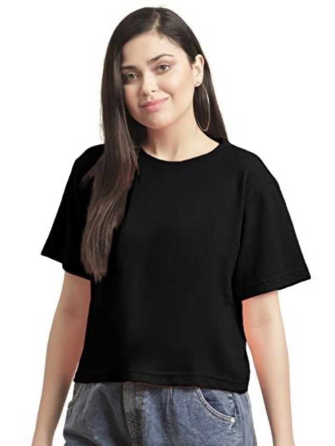 

NOTWILD Women Solid Round Neck Cotton Relaxed Fit T-shirt, Black