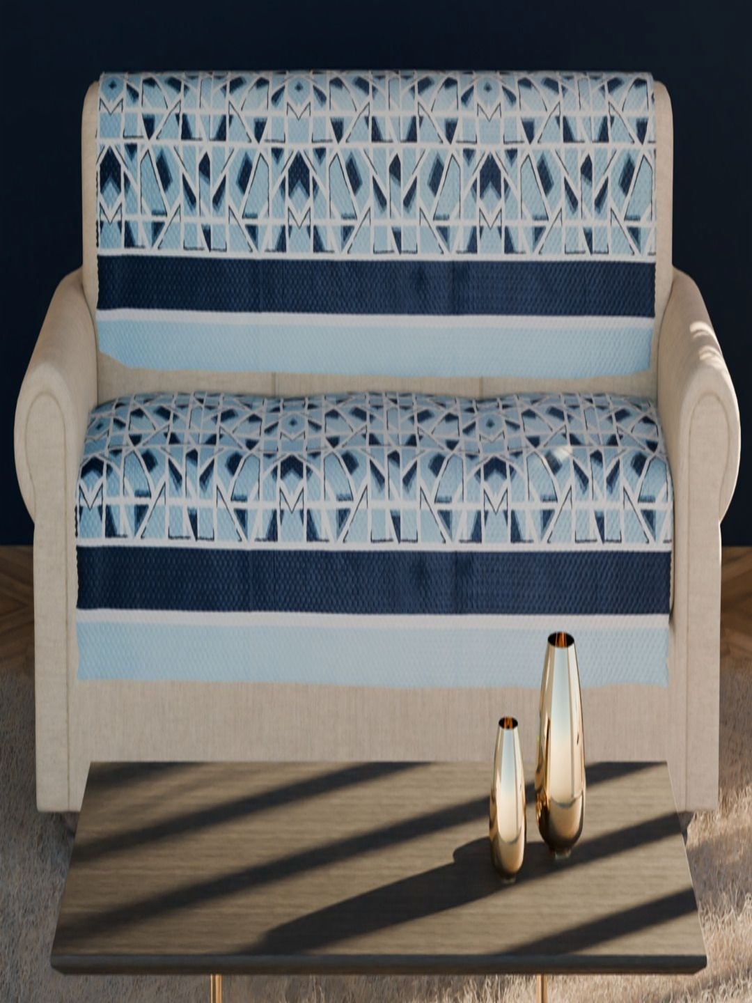 

Fashion Throw Blue & White 2 Pieces Geometric Printed Velvet Sofa Covers