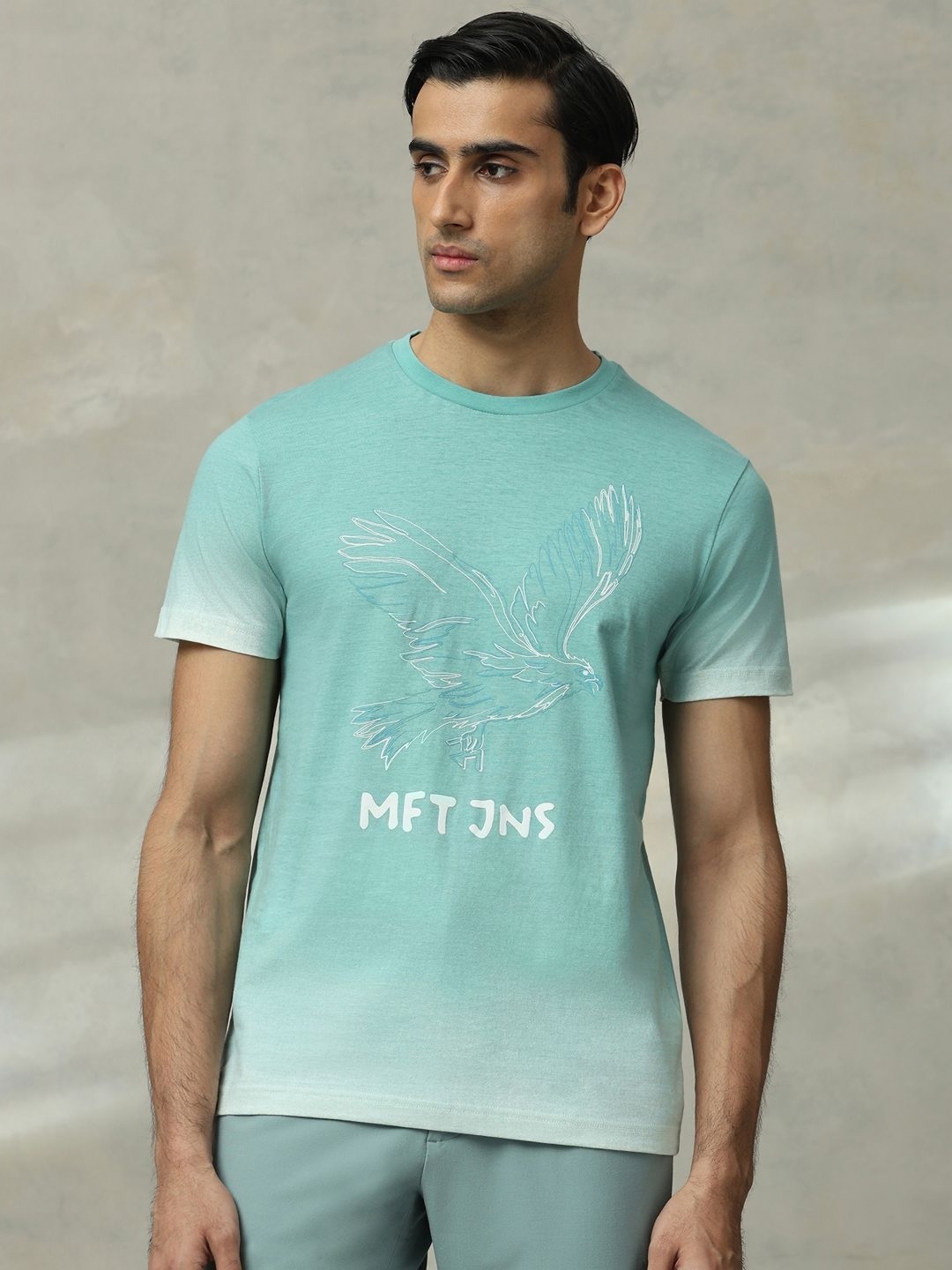 

Mufti Men Graphic Printed Round Neck Cotton Slim Fit T-shirt, Turquoise blue