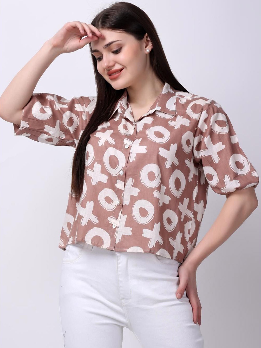 

VAAMII Women XOXO Printed Puff Sleeve Cotton Shirt Style Crop Top, Mauve