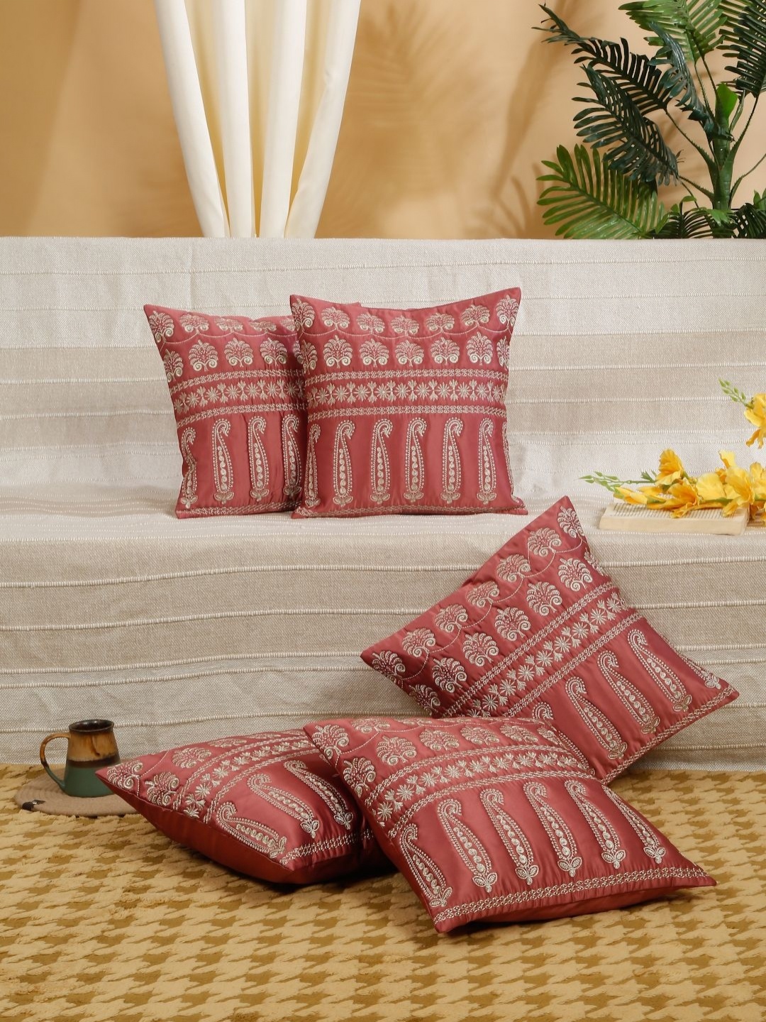 

SOKNACK Rust & Gold-Toned 5 Pieces Ethnic Motifs Embroidered Square Cushion Covers