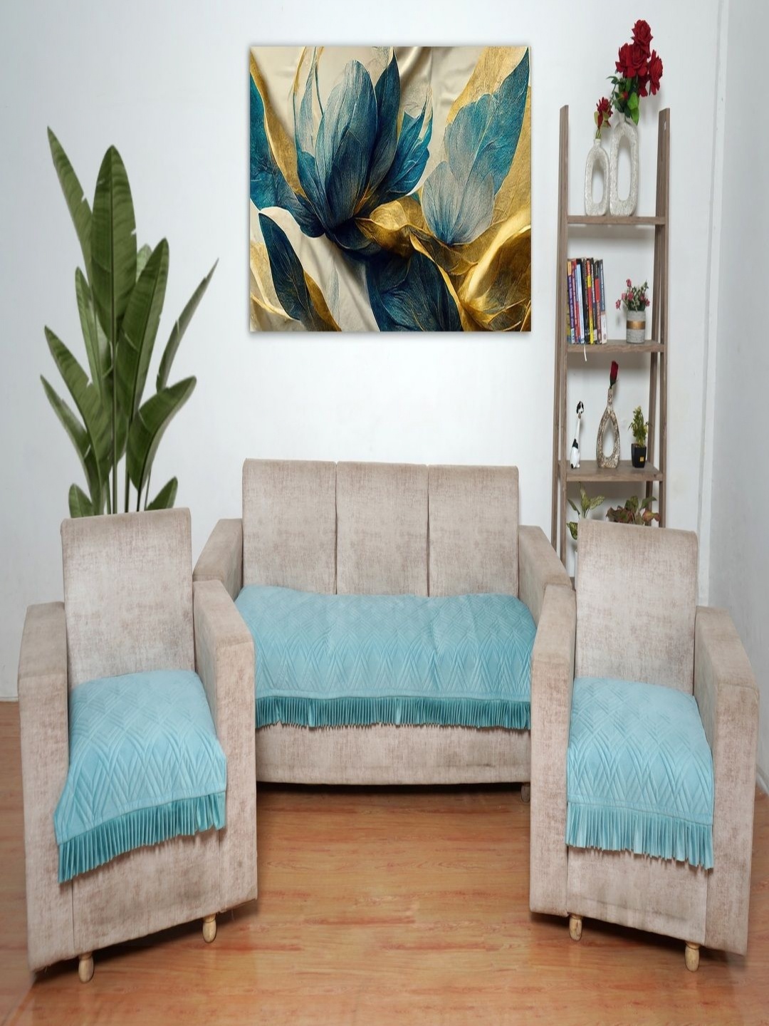 

Fashion Throw Turquoise Blue 3 Pieces Velvet Sofa Cover