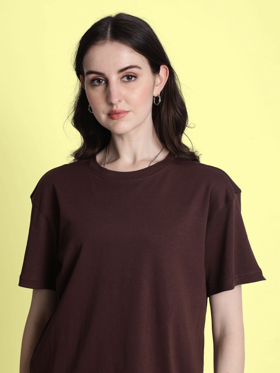 

Bene Kleed Women Solid Round Neck Cotton T-shirt, Coffee brown