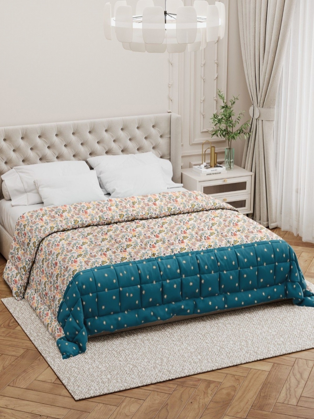 

Salona Bichona Shine White Floral Cotton AC Room 150 GSM Reversible Double Bed Comforter