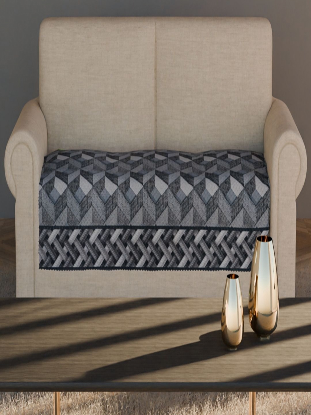 

Fashion Throw Grey and Black Geometric Printed Velvet Sofa Cover