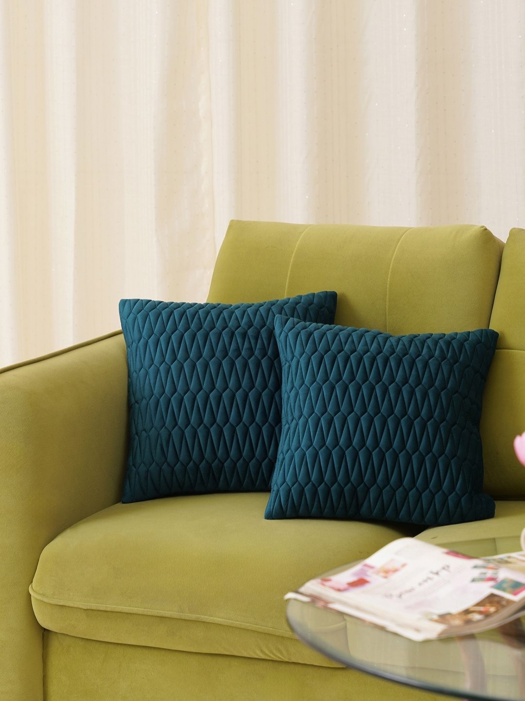 

HOME 360 Teal 2 Pieces Geometric Printed Velvet Square Cushion Covers