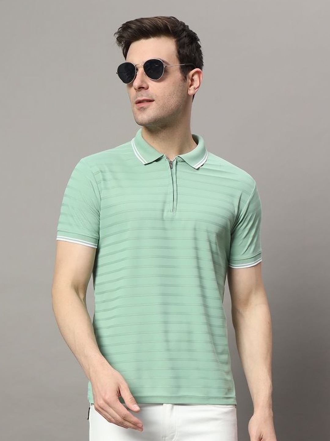 

RELANE Men Self Design Polo Collar Cotton T-shirt, Sea green