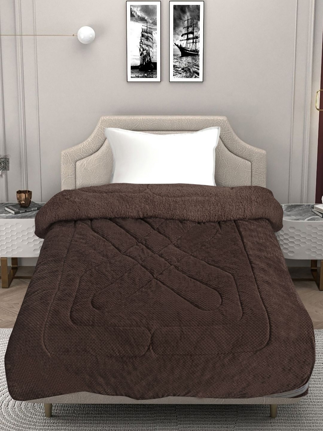 

FABINALIV Coffee Brown Geometric Woolen 950 GSM Heavy Winter Single Bed Quilts