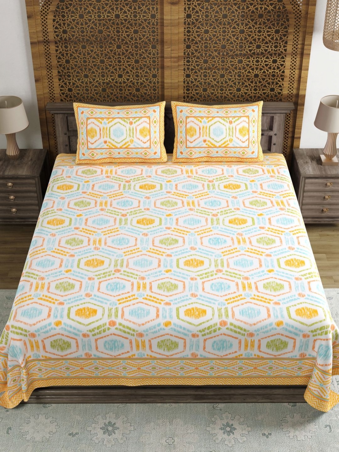 

Myntra Elegant Homes Yellow Geometric Printed 180 TC King Bedsheet Set 2.28 m x 2.74 m