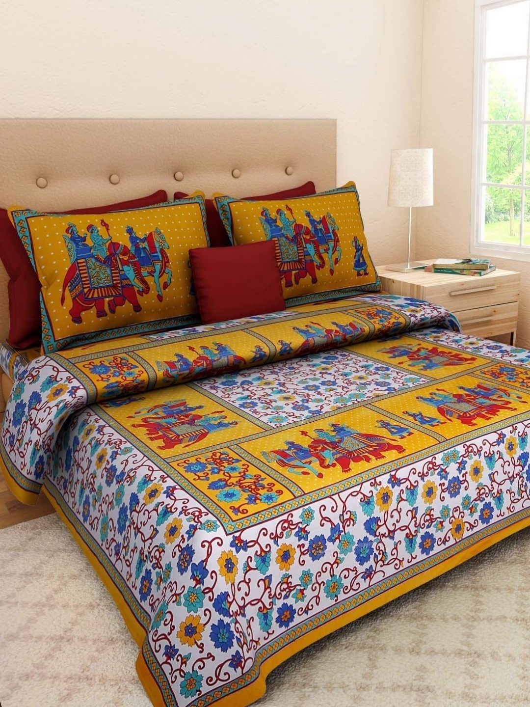 

MAGICAL Yellow Quirky Printed 104 TC Cotton Queen Bedsheet Set